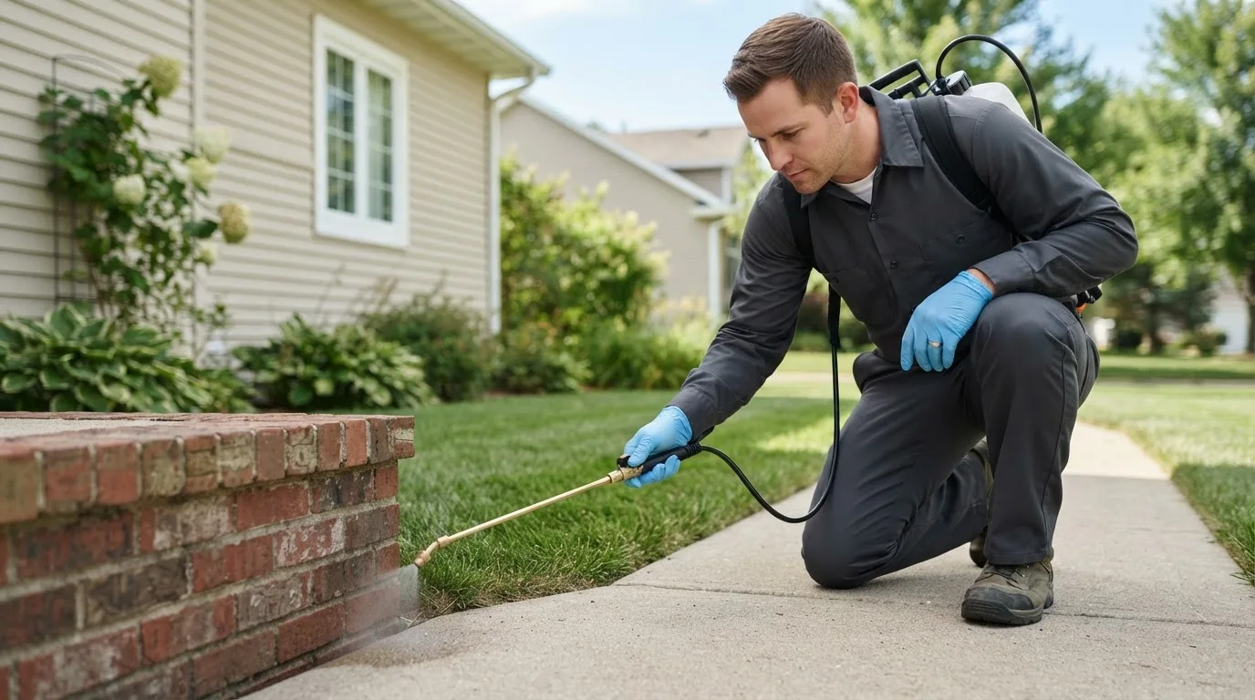 Pest control technician treating a home near Quitman, AR